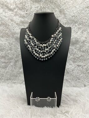 Multi Strand Bib Necklace & Earrings Set Faux Pearl & Rhinestones